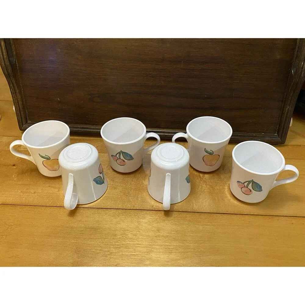 Corelle Fruit Basket Mugs Set 6 Apples Cherries White Coffee Cups Vintage Tea